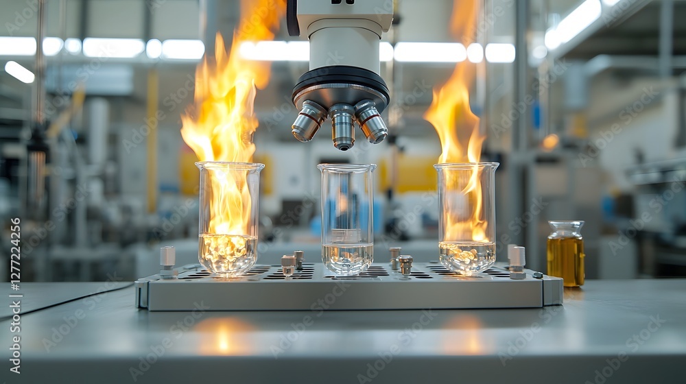 Poster closeup view of fire suppression chemical compositions being inspected and analyzed under a microsco