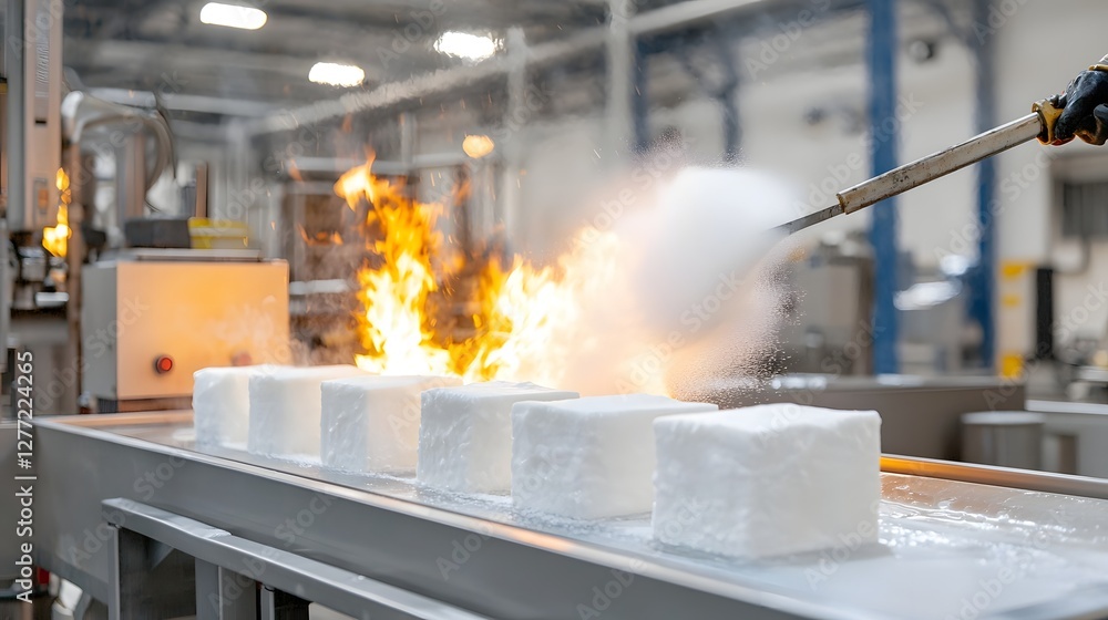 Poster closeup view of fire suppression foam being prepared and sprayed for firefighting and emergency resp