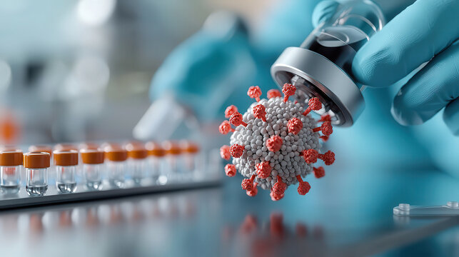 scientist in lab is handling model of virus with protective gloves, surrounded by vials, symbolizing advanced research in immunotherapy and vaccine development