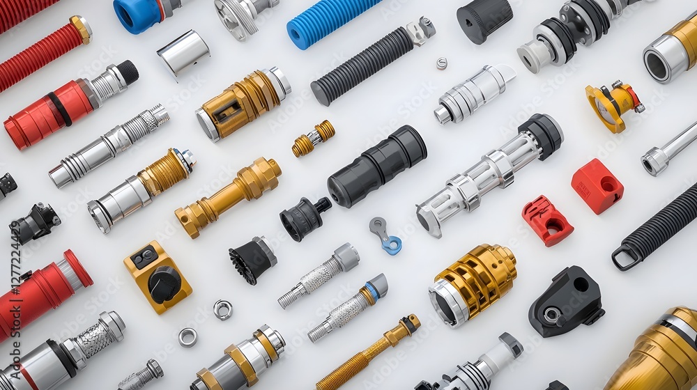 Poster collection of diverse fire hose couplings adapters and connectors in various colors and materials ar