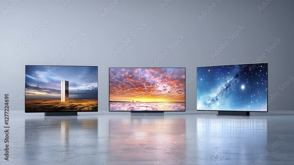 Poster Comparison of different display technologies including LCD OLED and MicroLED showcased in a dramatic colorful sunset landscape with reflections on the water surface