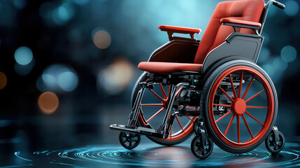 Fototapeta premium modern, AI powered wheelchair with autonomous navigation is showcased in futuristic setting, featuring sleek red design and advanced technology