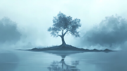 A solitary tree stands in the center of a tranquil body of water on a hazy day, surrounded by trees in the distance. Misty River of the Dead. Illustration