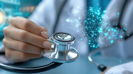 doctor holds stethoscope, analyzing real time patient data with digital interface, symbolizing advanced healthcare technology and AI integration