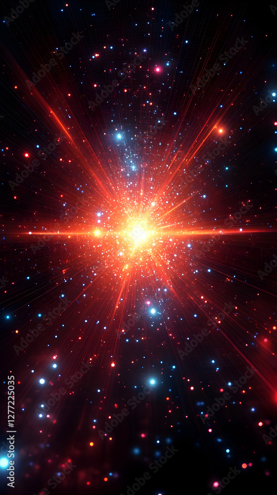 Poster abstract cosmic explosion with vibrant red and blue lights creating a futuristic pattern