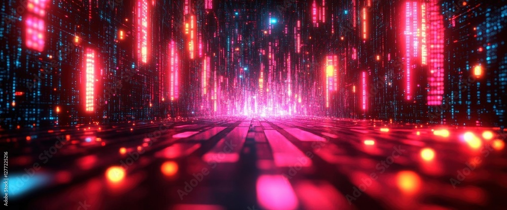 Poster abstract red and blue light tunnel with futuristic digital matrix and data stream