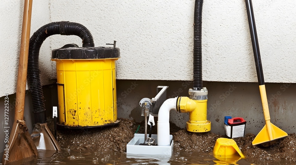 Poster Cross section view of a basement sump pump system designed to prevent water accumulation and flooding by draining excess water from the home s foundation and redirecting it away from the building