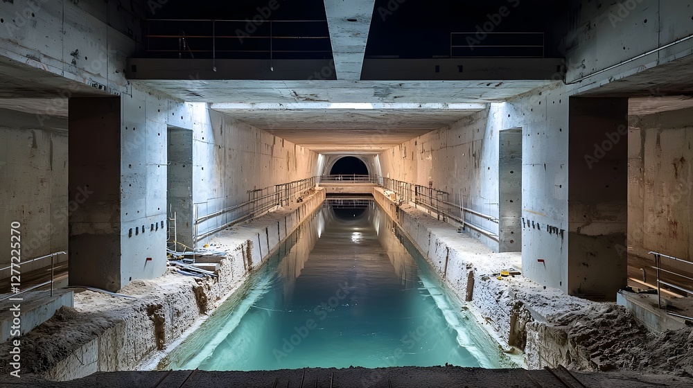Poster Cross section view of a subterranean river flowing through a dark abandoned tunnel structure  The underground waterway meanders through the cavernous interior