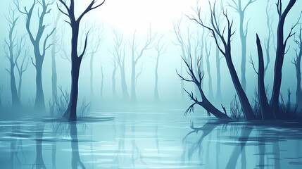 Obraz premium Acid rain climate change concept. misty forest scene with calm water reflecting bare trees in a serene atmosphere. Misty River of the Dead. Illustration