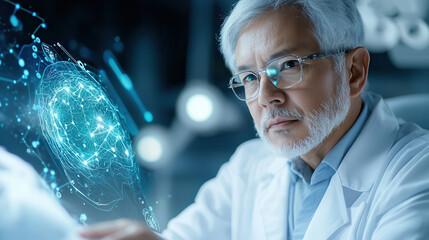 scientist in futuristic lab examines digital brain hologram, showcasing advanced technology and innovation. setting is modern and high tech, reflecting focus on AI and research