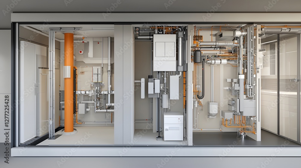Poster cutaway view showcasing the intricate plumbing network within a high rise apartment interior highlig