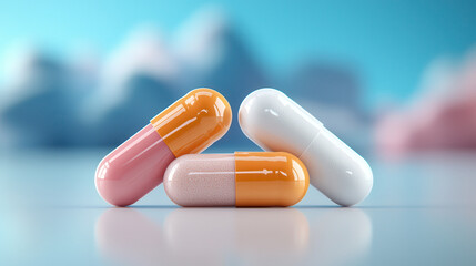Three colorful capsules, including pink, orange, and white, are displayed against blurred background, highlighting contrast between organic and AI synthesized pills