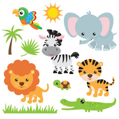 Cute jungle animals bundle vector cartoon illustration