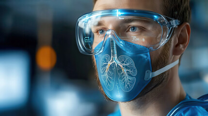 man wearing transparent mask with holographic display of lungs, showcasing advanced medical technology in clinical setting. focus is on innovation and health monitoring