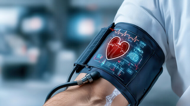 futuristic holographic inflatable cuff displays real time blood pressure and heart rate data on person arm, showcasing advanced medical technology