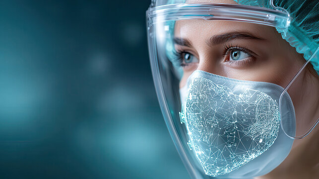 healthcare professional wearing futuristic mask with digital interface, symbolizing advanced medical technology and protection. mask features holographic design, enhancing concept of innovation