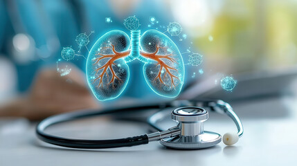 stethoscope with holographic display of lungs and heart sounds, symbolizing advanced medical technology and diagnostics. image conveys innovation in healthcare