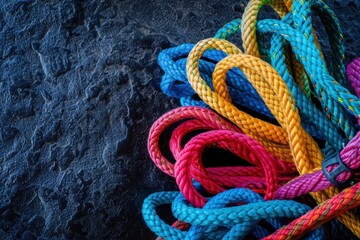 A bundle of colorful ropes in vibrant hues form an abstract geometric pattern against a dark textured backdrop.