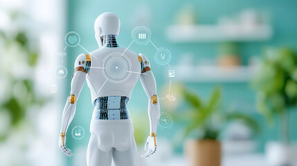 humanoid robot stands in modern room, analyzing data with digital interfaces