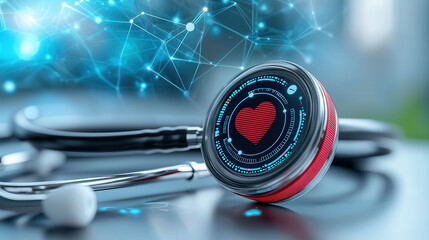 futuristic stethoscope with AI driven technology displays digital heart, symbolizing advanced healthcare. background features network of glowing connections, representing data flow