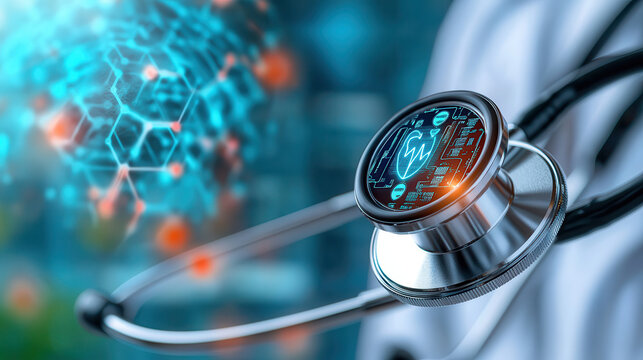 futuristic stethoscope with digital display and AI driven technology for continuous heart monitoring, set against background of abstract medical data