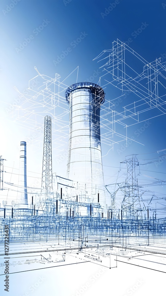 Poster Detailed Blueprint Style of a Large Cooling Tower Structure for a Power Generating Facility or Industrial Plant