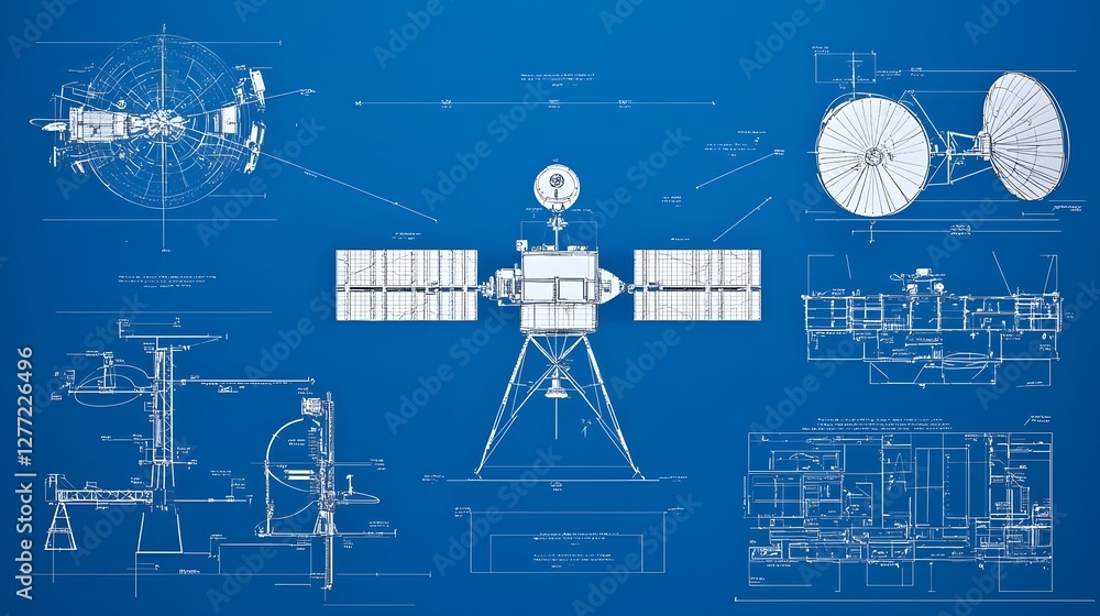 Leinwandbilder detailed blueprint style technical drawing of a modern communication satellite with various componen