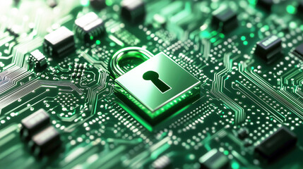 Obraz premium Secure technology concept with lock symbol on electronic circuit board