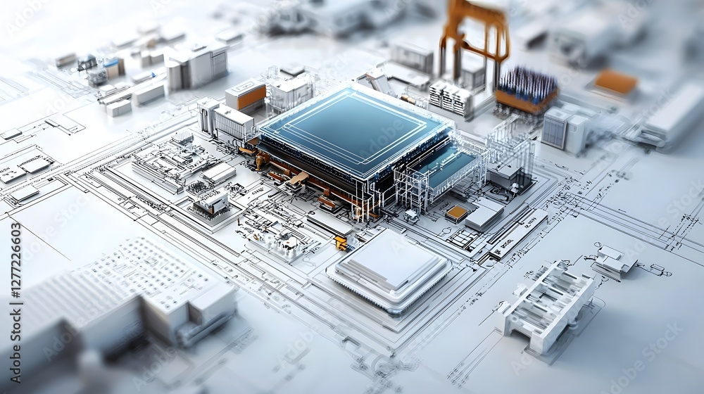 Poster detailed blueprint style showcasing the intricate manufacturing process of a high tech display panel