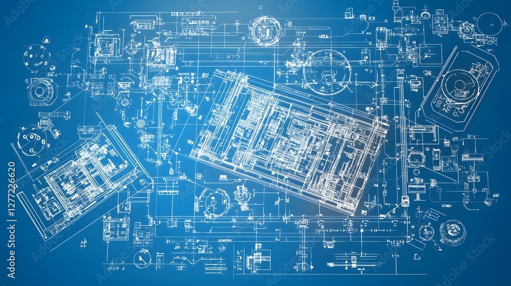 Poster detailed blueprint style technical showcasing the intricate manufacturing process of an industrial d