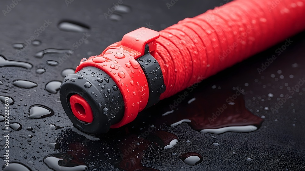 Poster detailed close up photograph of a fire hose coupling with water droplets and splash isolated on a bl