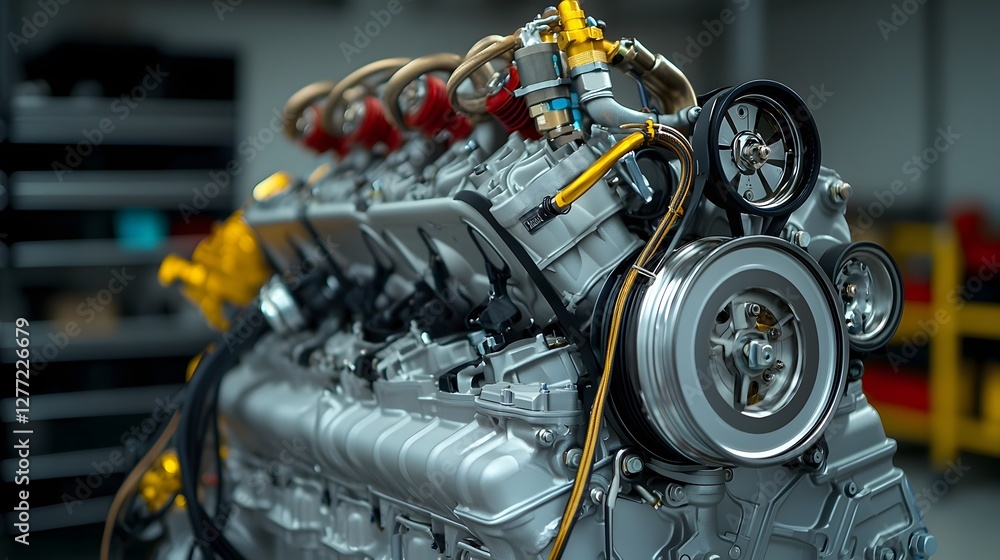 Poster detailed close up photograph of a high performance automotive engine showcasing its intricate mechan