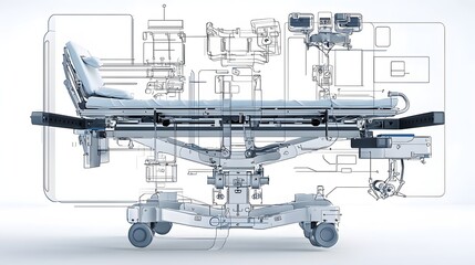 Detailed cross section diagram showcasing the internal components and advanced mechanisms of an innovative ambulance stretcher system designed for efficient patient transportation and medical care