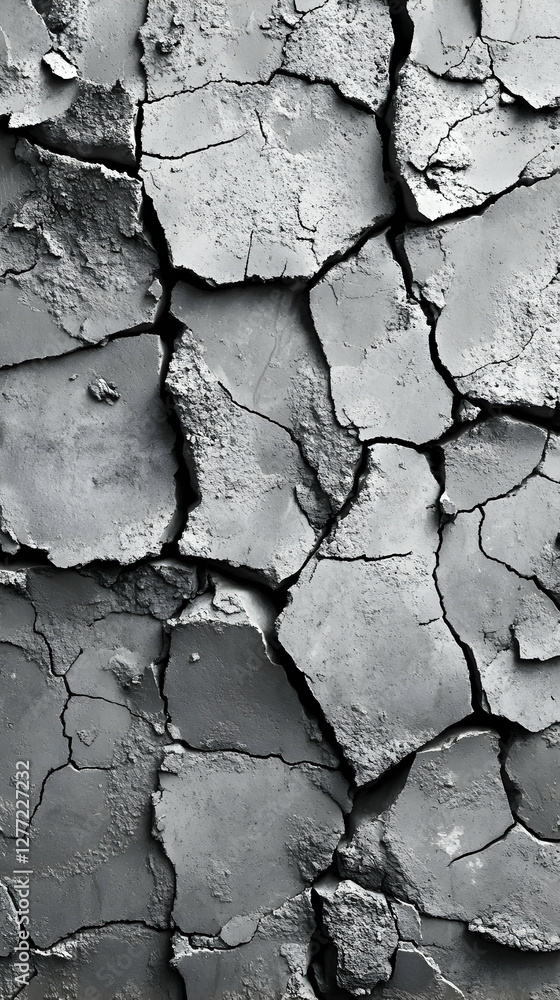 Poster monochrome image featuring a close up of a wall with cracks and a rough texture