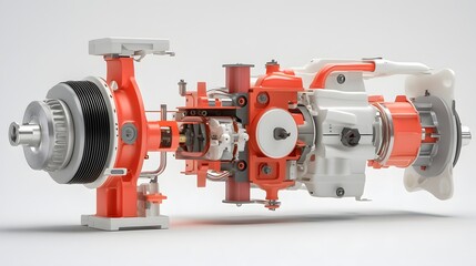 Detailed cross section view of a hybrid powertrain system displaying the of both electric and gasoline powered components for a comprehensive transportation solution