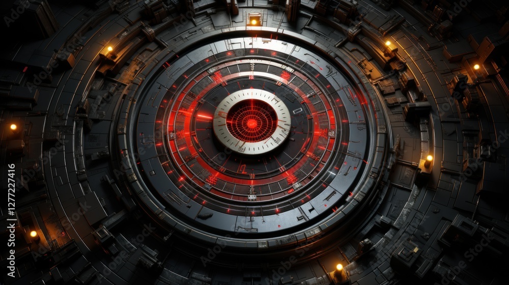 Poster futuristic metallic structure with radiating red energy core and intricate details