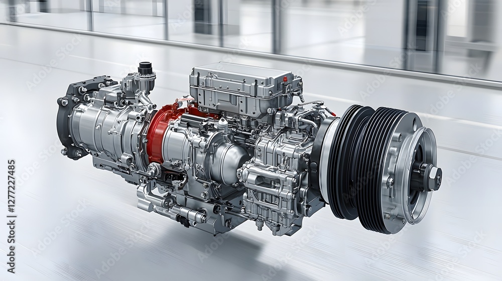 Poster detailed cutaway of an internal combustion engine in motion showing the complex mechanics and compon