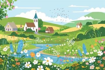 A flat vector design shows a peaceful meadow village, wildflowers blooming, a church with a steeple, & a gentle stream flowing.