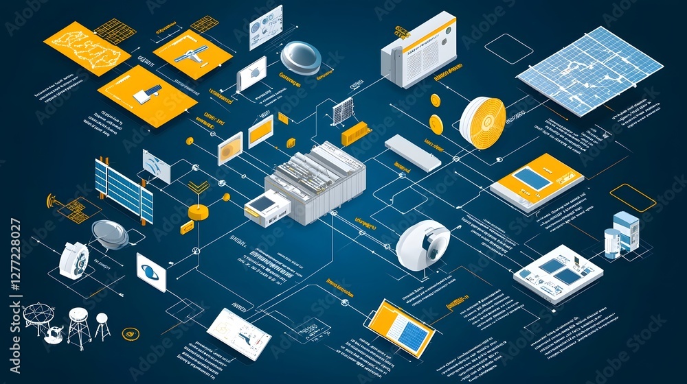 Poster detailed infographic style depicting the intricate workings and components of communication satellit