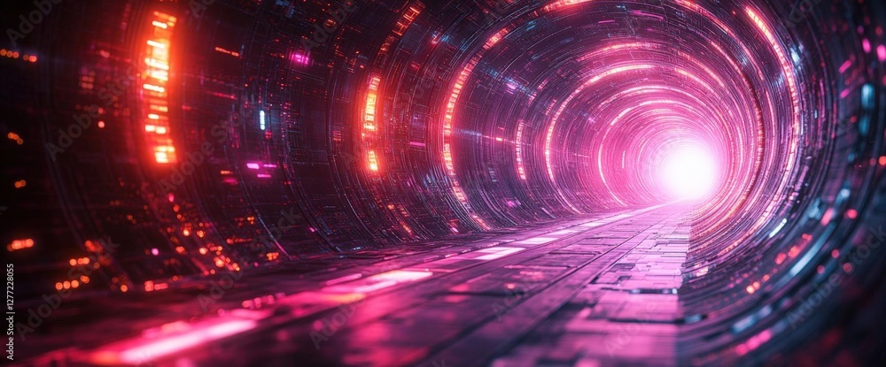 Poster abstract neon lit tunnel with circuit patterned walls and bright light in the distance