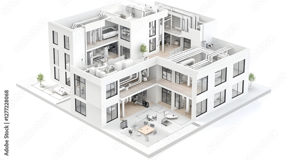 Poster Detailed isometric blueprint diagram showcasing the pipe layout and mechanical systems within a multi floor commercial building
