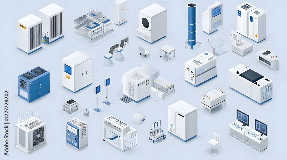 Poster detailed isometric showcasing the intricate equipment and machinery involved in an advanced industri