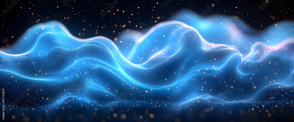Poster abstract blue wavy background with glowing particles and dynamic motion render
