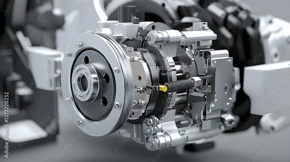 Poster Detailed macro shot of the intricate clutch and flywheel assembly mechanism inside an automobile engine  This technical complex