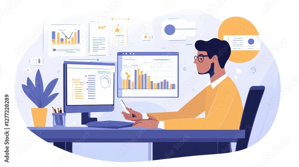 Poster businessman analyzing data on computer in office