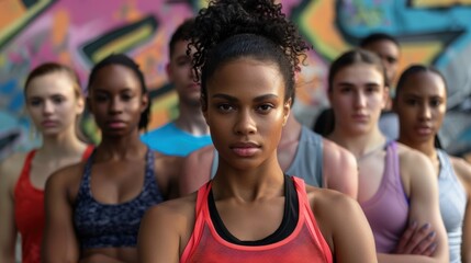 Obraz premium Group portrait of diverse individuals engaged in fitness activities, emphasizing teamwork and motivation for sports training and wellness practices