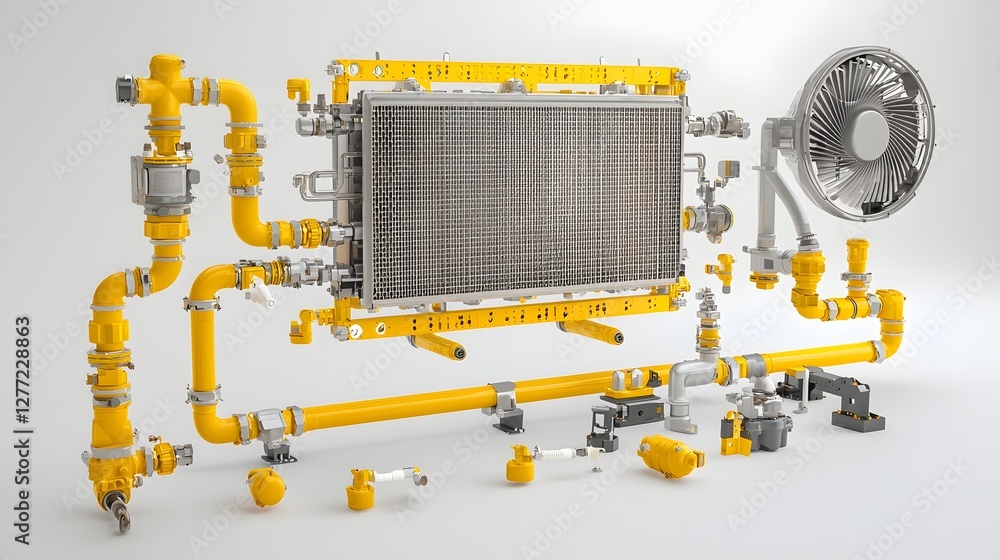 Aufkleber detailed view of a automotive radiator system with coolant pipes and fan assembly intricate componen