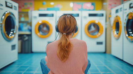 Back view of a woman wearing headphones, sitting and waiting for her laundry in a colorful laundromat with orange-accented washers.