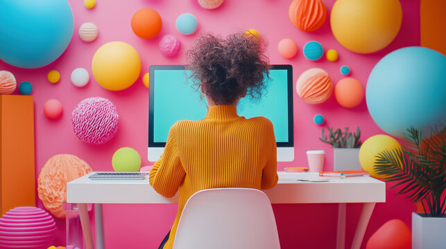 Vibrant workstation with bubble decorations, minimalist white desk, and warm pops of orange and turquoise