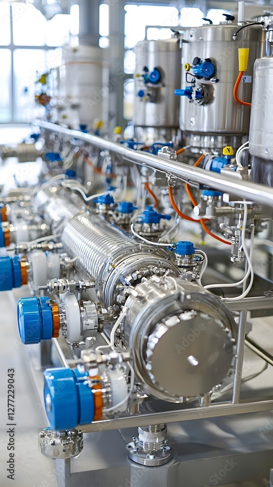 Poster detailed view of a complex industrial heat exchanger system installed in a modern chemical processin